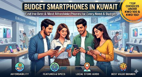 Illustration of shoppers comparing affordable smartphones in an electronics store, highlighting Budget Smartphones in Kuwait with a focus on affordability, features & specs, local store guides, and best-value brands under KWD 100 and KWD 150.