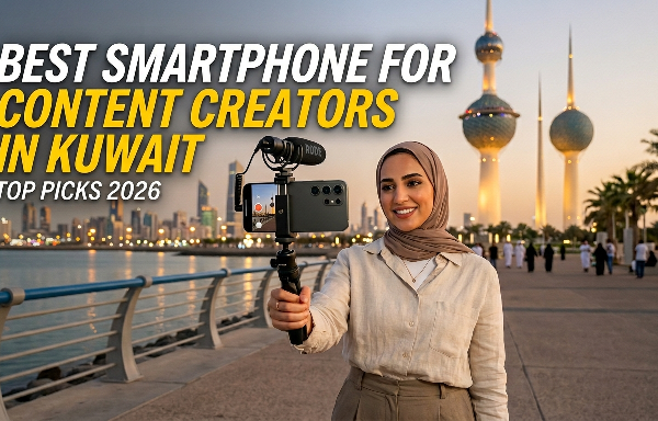A woman in a hijab filming a vlog with a phone attached to a tripod and a Rode microphone, with the Kuwait Towers in the background. The text overlay reads, "BEST SMARTPHONE FOR CONTENT CREATORS IN KUWAIT - TOP PICKS 2026