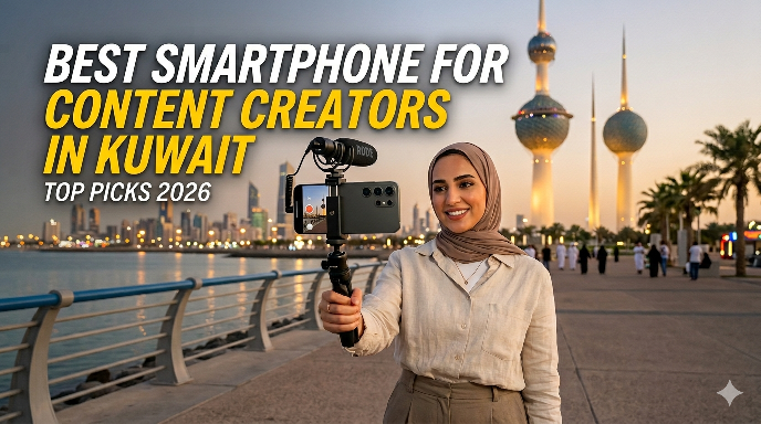 A woman in a hijab filming a vlog with a phone attached to a tripod and a Rode microphone, with the Kuwait Towers in the background. The text overlay reads, "BEST SMARTPHONE FOR CONTENT CREATORS IN KUWAIT - TOP PICKS 2026