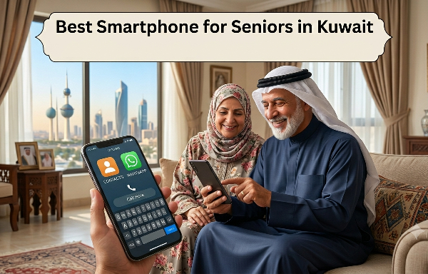 ​An elderly Arab couple sitting on a sofa in a living room, smiling while looking at a smartphone, with a close-up of a mobile screen showing large icons and a text banner reading "Best Smartphone for Seniors in Kuwait" against the backdrop of the Kuwait Towers visible through the window