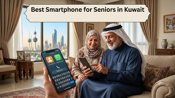​An elderly Arab couple sitting on a sofa in a living room, smiling while looking at a smartphone, with a close-up of a mobile screen showing large icons and a text banner reading "Best Smartphone for Seniors in Kuwait" against the backdrop of the Kuwait Towers visible through the window
