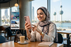 A stylish woman in a patterned hijab smiles while using a rose gold smartphone, which may be considered the Best Smartphone for Women in Kuwait, in a modern café setting. An identical, larger, upright screen shows Arabic app names, app icons like Kuwait’s emblem, and images of Kuwait landmarks including the Kuwait Towers, visible through the window. She sits at a wooden table with a coffee, a book, and a beige handbag. The background shows an urban harbor and the Kuwait Towers Best Smartphone for Women in Kuwait