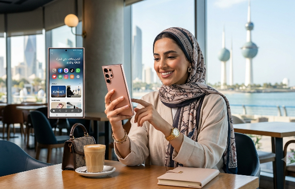 A stylish woman in a patterned hijab smiles while using a rose gold smartphone, which may be considered the Best Smartphone for Women in Kuwait, in a modern café setting. An identical, larger, upright screen shows Arabic app names, app icons like Kuwait’s emblem, and images of Kuwait landmarks including the Kuwait Towers, visible through the window. She sits at a wooden table with a coffee, a book, and a beige handbag. The background shows an urban harbor and the Kuwait Towers Best Smartphone for Women in Kuwait