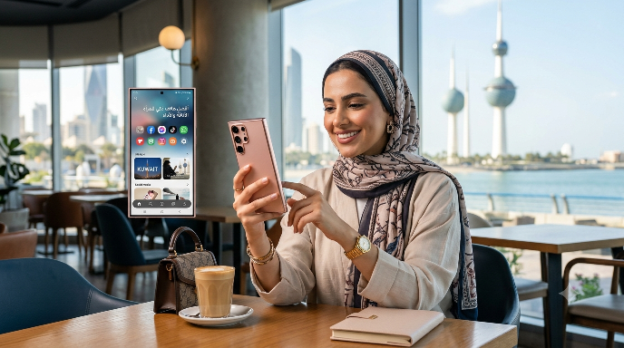 A stylish woman in a patterned hijab smiles while using a rose gold smartphone, which may be considered the Best Smartphone for Women in Kuwait, in a modern café setting. An identical, larger, upright screen shows Arabic app names, app icons like Kuwait’s emblem, and images of Kuwait landmarks including the Kuwait Towers, visible through the window. She sits at a wooden table with a coffee, a book, and a beige handbag. The background shows an urban harbor and the Kuwait Towers Best Smartphone for Women in Kuwait
