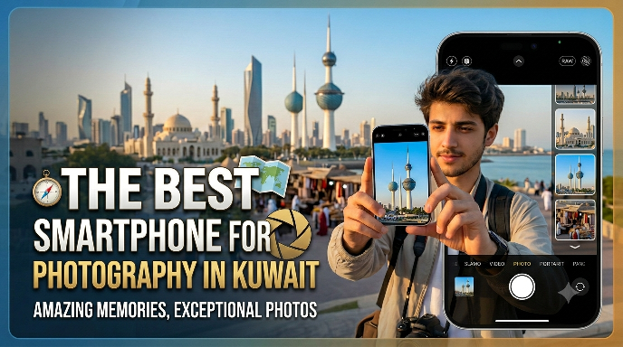 An image promoting the Best Smartphone for Travel Photography in Kuwait, showing a man holding a smartphone to capture the Kuwait City skyline, featuring the iconic Kuwait Towers. The text on the image reads: The Best Smartphone for Photography in Kuwait - Amazing Memories, Exceptional Photos