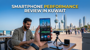 The screen displays a clear performance test graph with high scores, confirming a rigorous Smartphone Performance Review in Kuwait. In the background, a content creator sits at a tech-laden table against the iconic backdrop of the Kuwait City skyline. A small camera on a mini-tripod is set up for filming, suggesting a review being recorded on location. The overall atmosphere emphasizes mobile technology testing and creation