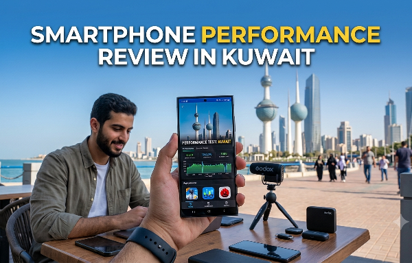 The screen displays a clear performance test graph with high scores, confirming a rigorous Smartphone Performance Review in Kuwait. In the background, a content creator sits at a tech-laden table against the iconic backdrop of the Kuwait City skyline. A small camera on a mini-tripod is set up for filming, suggesting a review being recorded on location. The overall atmosphere emphasizes mobile technology testing and creation