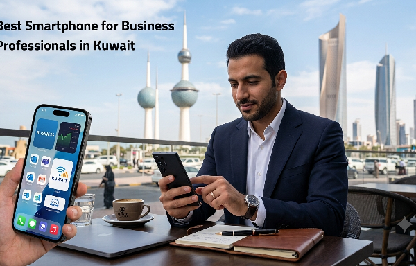 ​A professional businessman in a blue suit using a smartphone at an outdoor cafe table in Kuwait City, with the Kuwait Towers visible in the background. In the foreground, another hand holds a mobile phone displaying business apps, featuring the text Best Smartphone for Business Professionals in Kuwait