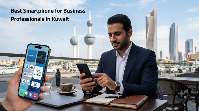 ​A professional businessman in a blue suit using a smartphone at an outdoor cafe table in Kuwait City, with the Kuwait Towers visible in the background. In the foreground, another hand holds a mobile phone displaying business apps, featuring the text Best Smartphone for Business Professionals in Kuwait