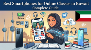 An educational banner featuring a woman in a hijab pointing to a smartphone displaying a Zoom online class interface. The top text reads Best Smartphones for Online Classes in Kuwait Complete Guide. The background showcases the Kuwait Towers, Kuwait flag, books, a coffee mug with the flag, and various digital learning icons like 5G, 4K, and battery life, highlighting the best phone for online classes in Kuwait