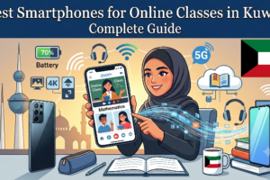 An educational banner featuring a woman in a hijab pointing to a smartphone displaying a Zoom online class interface. The top text reads "Best Smartphones for Online Classes in Kuwait Complete Guide". The background showcases the Kuwait Towers, Kuwait flag, books, a coffee mug with the flag, and various digital learning icons like 5G, 4K, and battery life, highlighting the best phone for online classes in Kuwait