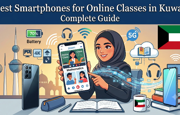 An educational banner featuring a woman in a hijab pointing to a smartphone displaying a Zoom online class interface. The top text reads "Best Smartphones for Online Classes in Kuwait Complete Guide". The background showcases the Kuwait Towers, Kuwait flag, books, a coffee mug with the flag, and various digital learning icons like 5G, 4K, and battery life, highlighting the best phone for online classes in Kuwait