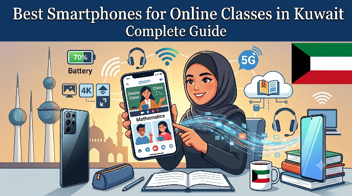 An educational banner featuring a woman in a hijab pointing to a smartphone displaying a Zoom online class interface. The top text reads "Best Smartphones for Online Classes in Kuwait Complete Guide". The background showcases the Kuwait Towers, Kuwait flag, books, a coffee mug with the flag, and various digital learning icons like 5G, 4K, and battery life, highlighting the best phone for online classes in Kuwait