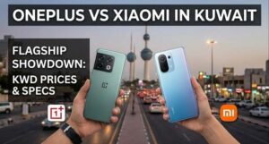 OnePlus vs Xiaomi in Kuwait: Two flagship smartphones held against the Kuwait City skyline, highlighting a comparison of KWD prices, specifications, and features.