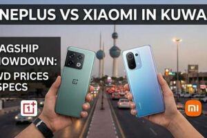 OnePlus vs Xiaomi in Kuwait: Two flagship smartphones held against the Kuwait City skyline, highlighting a comparison of KWD prices, specifications, and features.