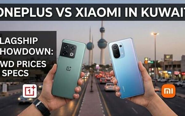 OnePlus vs Xiaomi in Kuwait: Two flagship smartphones held against the Kuwait City skyline, highlighting a comparison of KWD prices, specifications, and features.