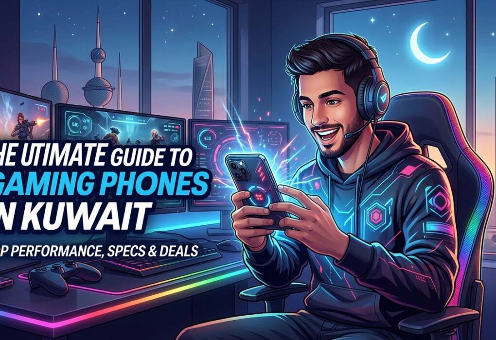 Illustrated gamer in a futuristic gaming setup using a smartphone, with neon lights, multiple monitors, and a Kuwait city skyline at night, promoting Gaming Phones in Kuwait with a focus on performance, specs, and deals.