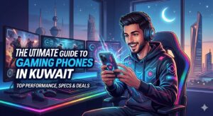 Illustrated gamer in a futuristic gaming setup using a smartphone, with neon lights, multiple monitors, and a Kuwait city skyline at night, promoting Gaming Phones in Kuwait with a focus on performance, specs, and deals.