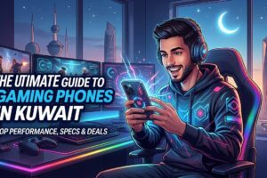 Illustrated gamer in a futuristic gaming setup using a smartphone, with neon lights, multiple monitors, and a Kuwait city skyline at night, promoting Gaming Phones in Kuwait with a focus on performance, specs, and deals.