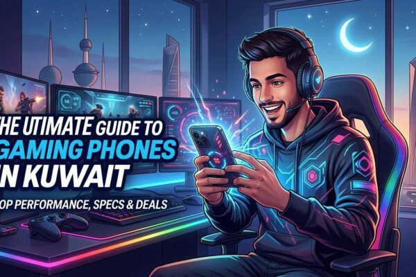 Illustrated gamer in a futuristic gaming setup using a smartphone, with neon lights, multiple monitors, and a Kuwait city skyline at night, promoting Gaming Phones in Kuwait with a focus on performance, specs, and deals.