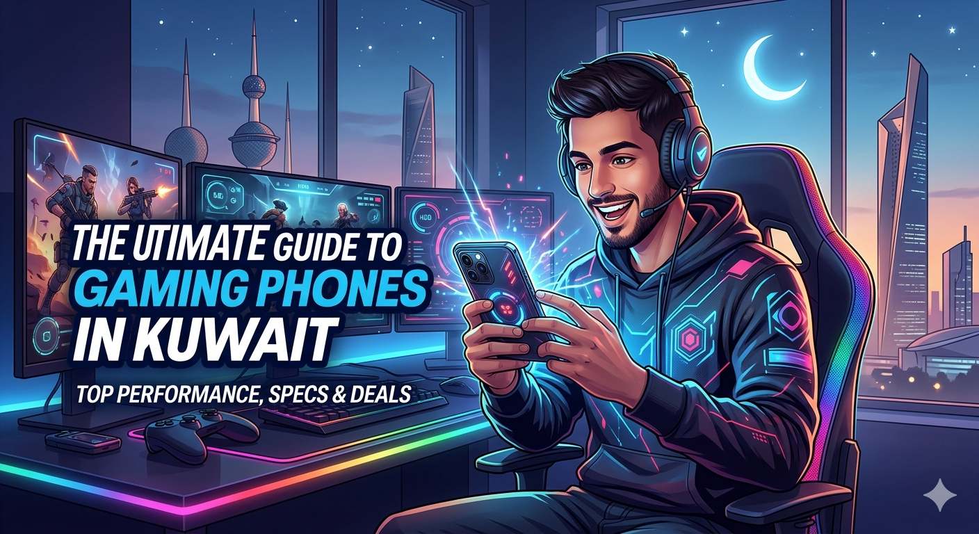 Illustrated gamer in a futuristic gaming setup using a smartphone, with neon lights, multiple monitors, and a Kuwait city skyline at night, promoting Gaming Phones in Kuwait with a focus on performance, specs, and deals.
