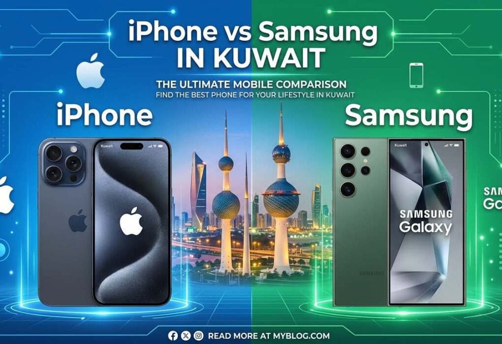 Promotional comparison graphic for iPhone vs Samsung in Kuwait, featuring an iPhone on the left and a Samsung Galaxy phone on the right, with the Kuwait skyline and Kuwait Towers in the center, highlighting a mobile phone comparison for users in Kuwait.