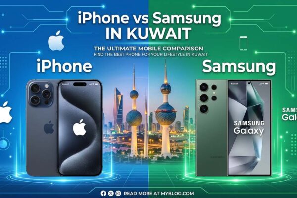 Promotional comparison graphic for iPhone vs Samsung in Kuwait, featuring an iPhone on the left and a Samsung Galaxy phone on the right, with the Kuwait skyline and Kuwait Towers in the center, highlighting a mobile phone comparison for users in Kuwait.
