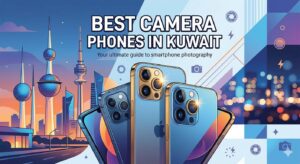Promotional banner showcasing the Best Camera Phones in Kuwait, featuring premium smartphones with advanced camera systems against a stylized Kuwait city skyline, highlighting mobile photography and camera performance.