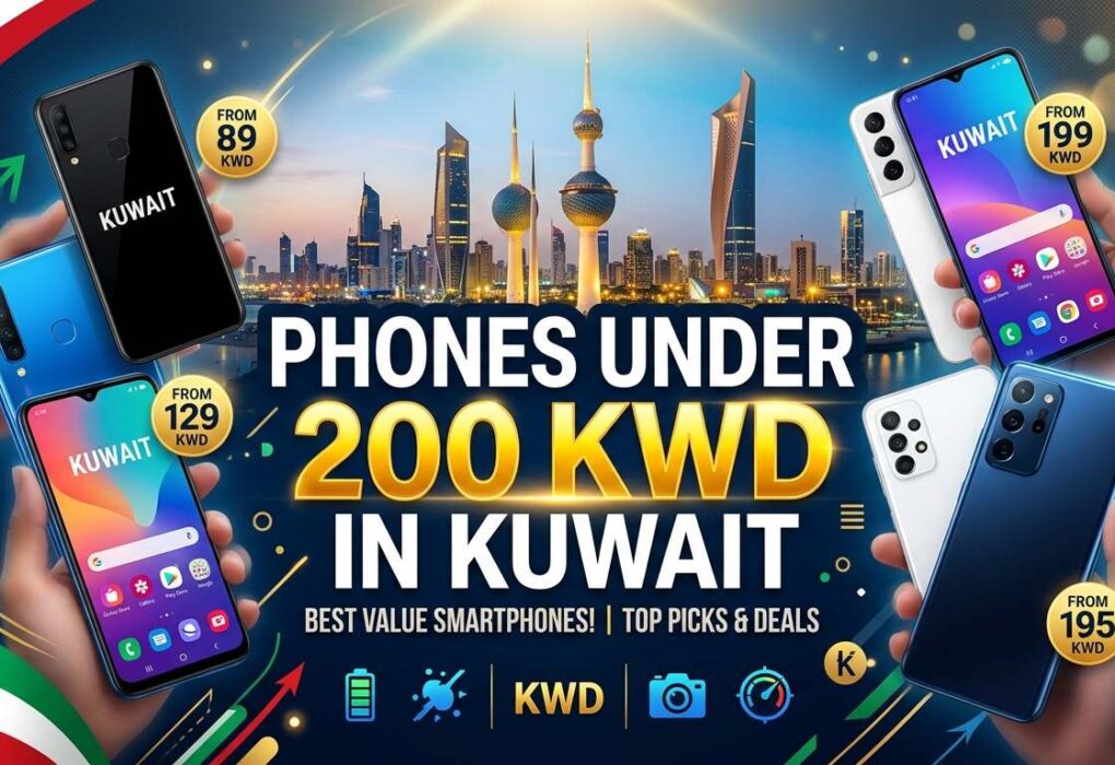 Promotional banner showcasing Phones Under 200 KWD in Kuwait, featuring multiple budget-friendly smartphones, Kuwait City skyline, and highlighted starting prices from 89 KWD to 199 KWD.