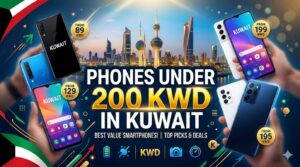 Promotional banner showcasing Phones Under 200 KWD in Kuwait, featuring multiple budget-friendly smartphones, Kuwait City skyline, and highlighted starting prices from 89 KWD to 199 KWD.