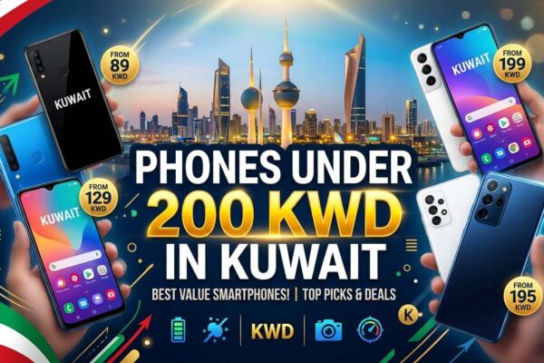 Promotional banner showcasing Phones Under 200 KWD in Kuwait, featuring multiple budget-friendly smartphones, Kuwait City skyline, and highlighted starting prices from 89 KWD to 199 KWD.