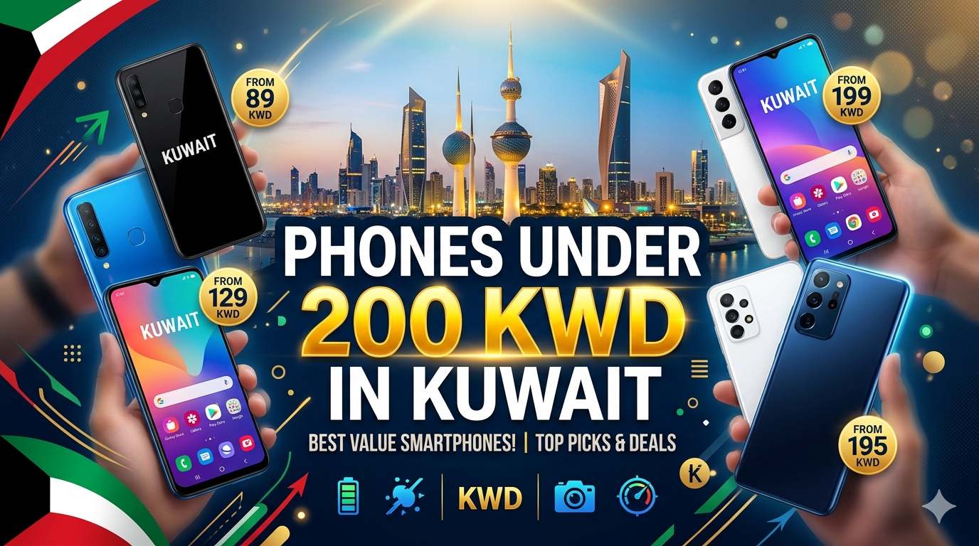 Promotional banner showcasing Phones Under 200 KWD in Kuwait, featuring multiple budget-friendly smartphones, Kuwait City skyline, and highlighted starting prices from 89 KWD to 199 KWD.
