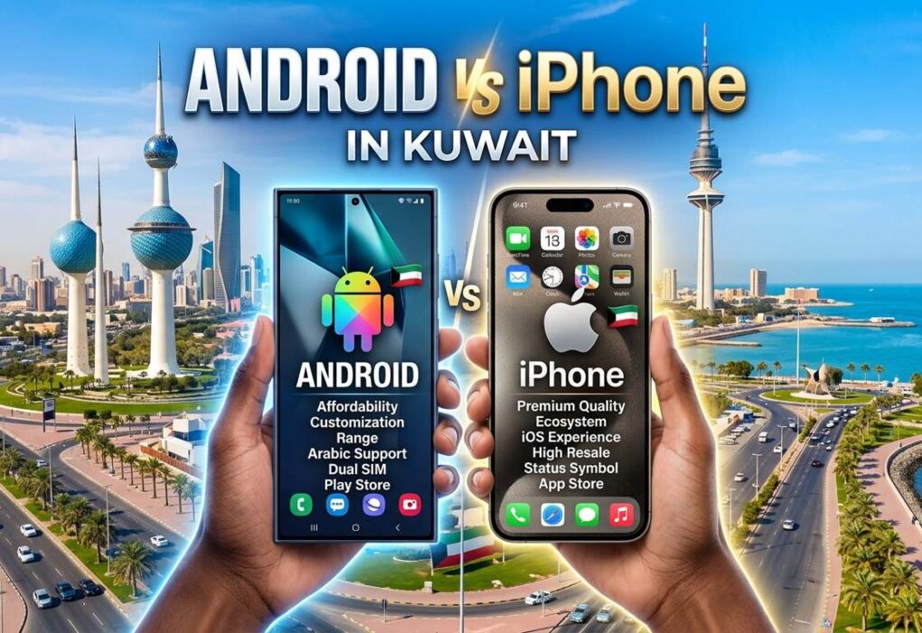 Promotional graphic titled "Android vs iPhone in Kuwait" showing two smartphones held side by side against the Kuwait City skyline and waterfront, highlighting Android’s affordability and customization versus iPhone’s premium ecosystem and resale value.
