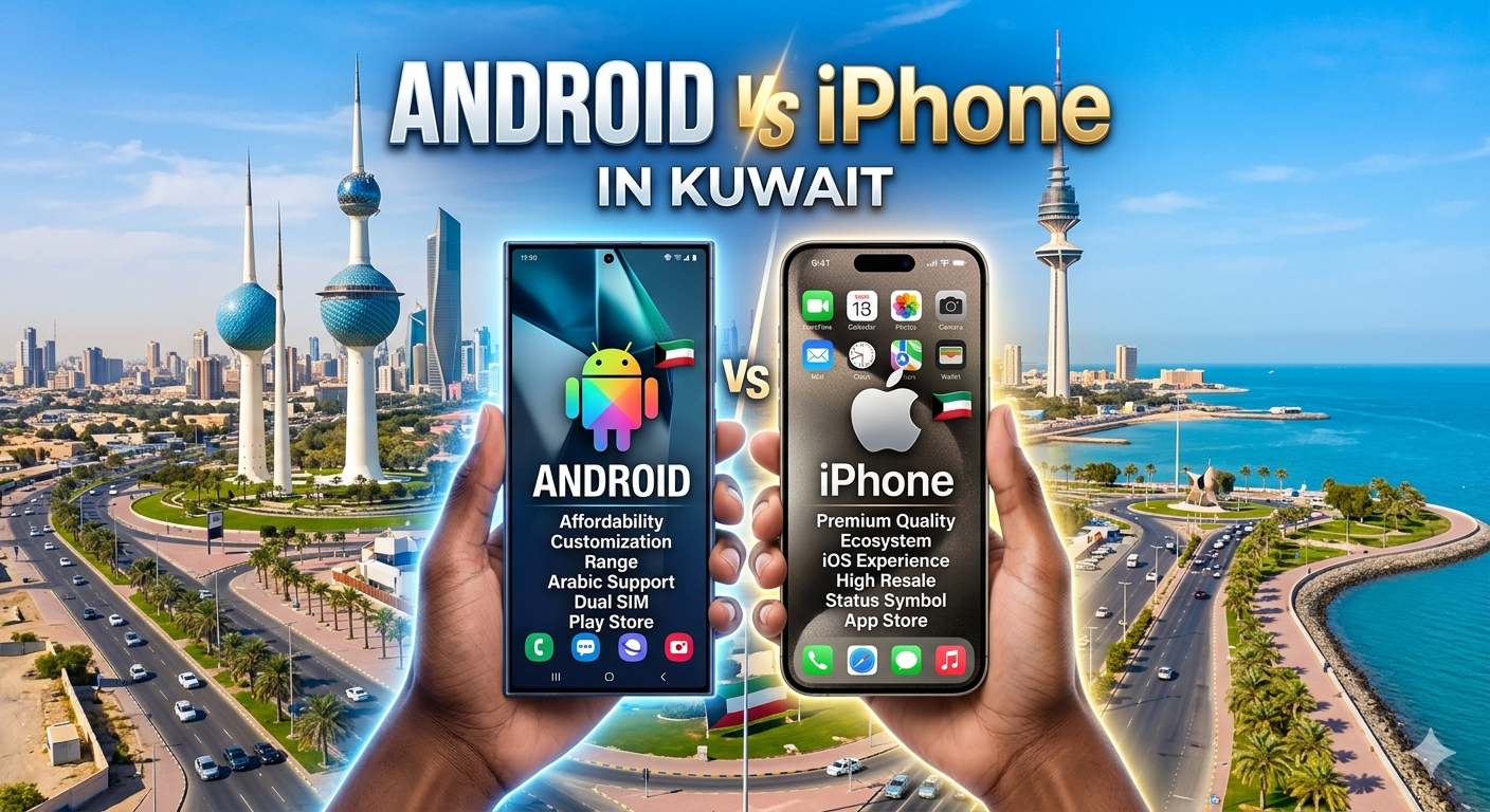Promotional graphic titled "Android vs iPhone in Kuwait" showing two smartphones held side by side against the Kuwait City skyline and waterfront, highlighting Android’s affordability and customization versus iPhone’s premium ecosystem and resale value.