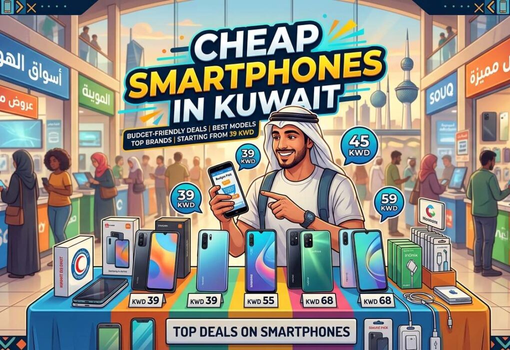 Promotional illustration for Cheap Smartphones in Kuwait, showing a busy electronics market with shoppers browsing budget-friendly smartphones and accessories, highlighting deals starting from 39 KWD.