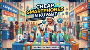 Promotional illustration for Cheap Smartphones in Kuwait, showing a busy electronics market with shoppers browsing budget-friendly smartphones and accessories, highlighting deals starting from 39 KWD.