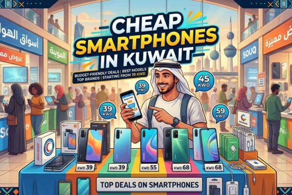 Promotional illustration for Cheap Smartphones in Kuwait, showing a busy electronics market with shoppers browsing budget-friendly smartphones and accessories, highlighting deals starting from 39 KWD.