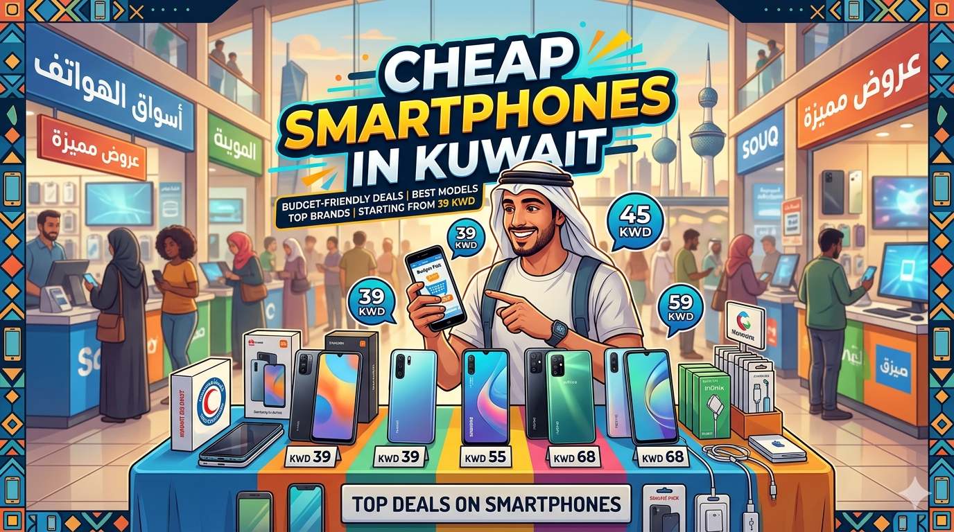 Promotional illustration for Cheap Smartphones in Kuwait, showing a busy electronics market with shoppers browsing budget-friendly smartphones and accessories, highlighting deals starting from 39 KWD.