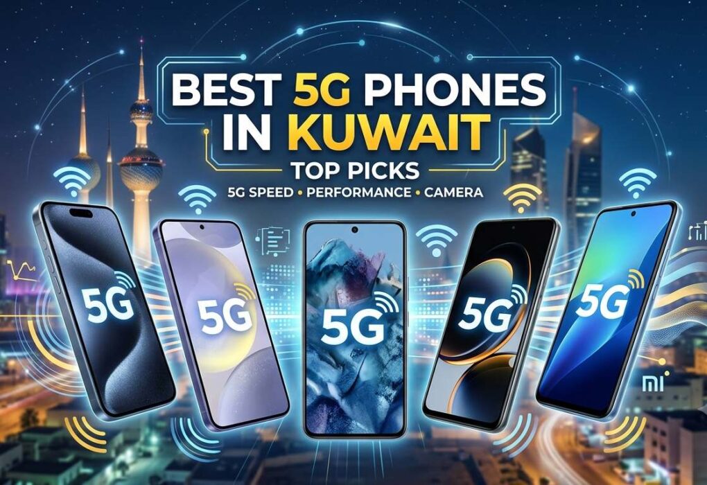 Promotional banner showcasing the Best 5G Phones in Kuwait, featuring top smartphone picks with a Kuwait city skyline background, highlighting 5G speed, performance, and camera quality.