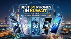 Promotional banner showcasing the Best 5G Phones in Kuwait, featuring top smartphone picks with a Kuwait city skyline background, highlighting 5G speed, performance, and camera quality.
