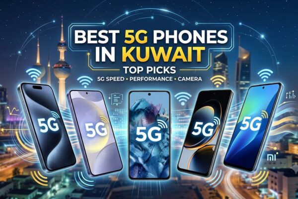 Promotional banner showcasing the Best 5G Phones in Kuwait, featuring top smartphone picks with a Kuwait city skyline background, highlighting 5G speed, performance, and camera quality.