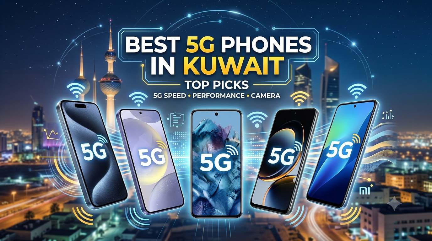 Promotional banner showcasing the Best 5G Phones in Kuwait, featuring top smartphone picks with a Kuwait city skyline background, highlighting 5G speed, performance, and camera quality.