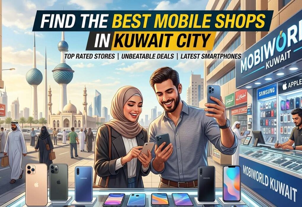 Promotional banner showcasing the Best Mobile Shops in Kuwait City, featuring smartphone stores, popular brands, and shoppers exploring the latest mobile deals in a modern city setting.