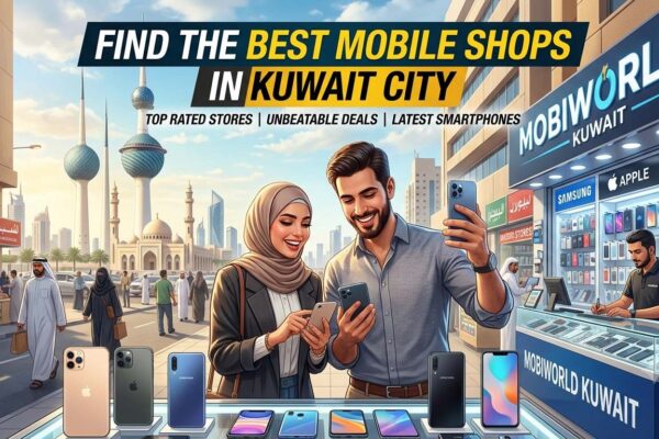 Promotional banner showcasing the Best Mobile Shops in Kuwait City, featuring smartphone stores, popular brands, and shoppers exploring the latest mobile deals in a modern city setting.