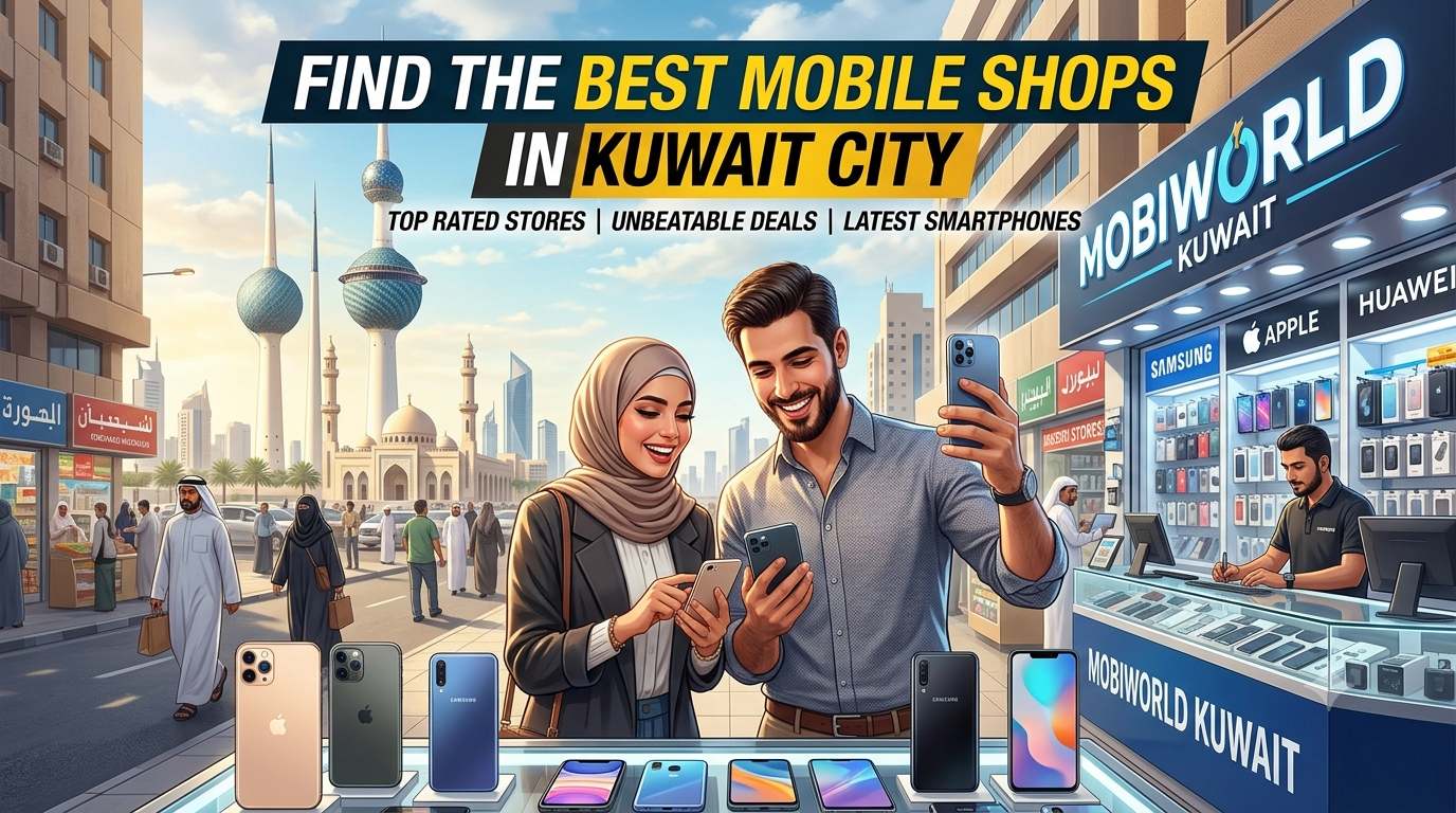 Promotional banner showcasing the Best Mobile Shops in Kuwait City, featuring smartphone stores, popular brands, and shoppers exploring the latest mobile deals in a modern city setting.