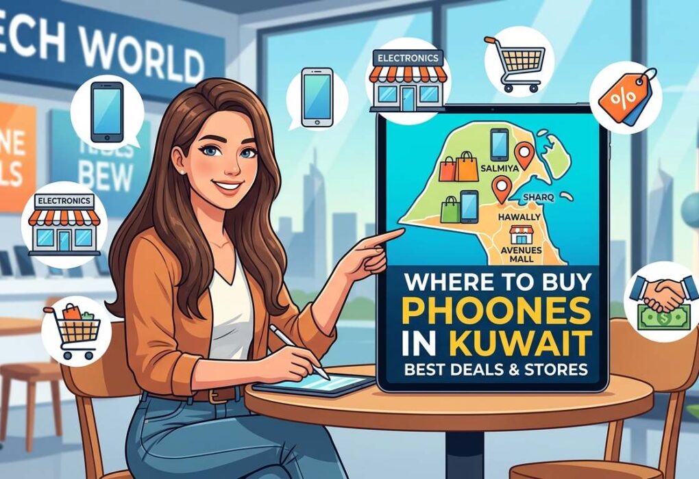 Illustration showing where to buy phones in Kuwait, featuring a shopper, electronics stores, smartphone deals, and a Kuwait map highlighting popular shopping locations