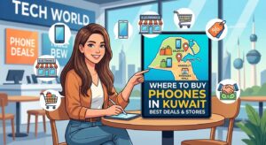 Illustration showing where to buy phones in Kuwait, featuring a shopper, electronics stores, smartphone deals, and a Kuwait map highlighting popular shopping locations