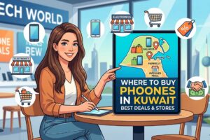 Illustration showing where to buy phones in Kuwait, featuring a shopper, electronics stores, smartphone deals, and a Kuwait map highlighting popular shopping locations