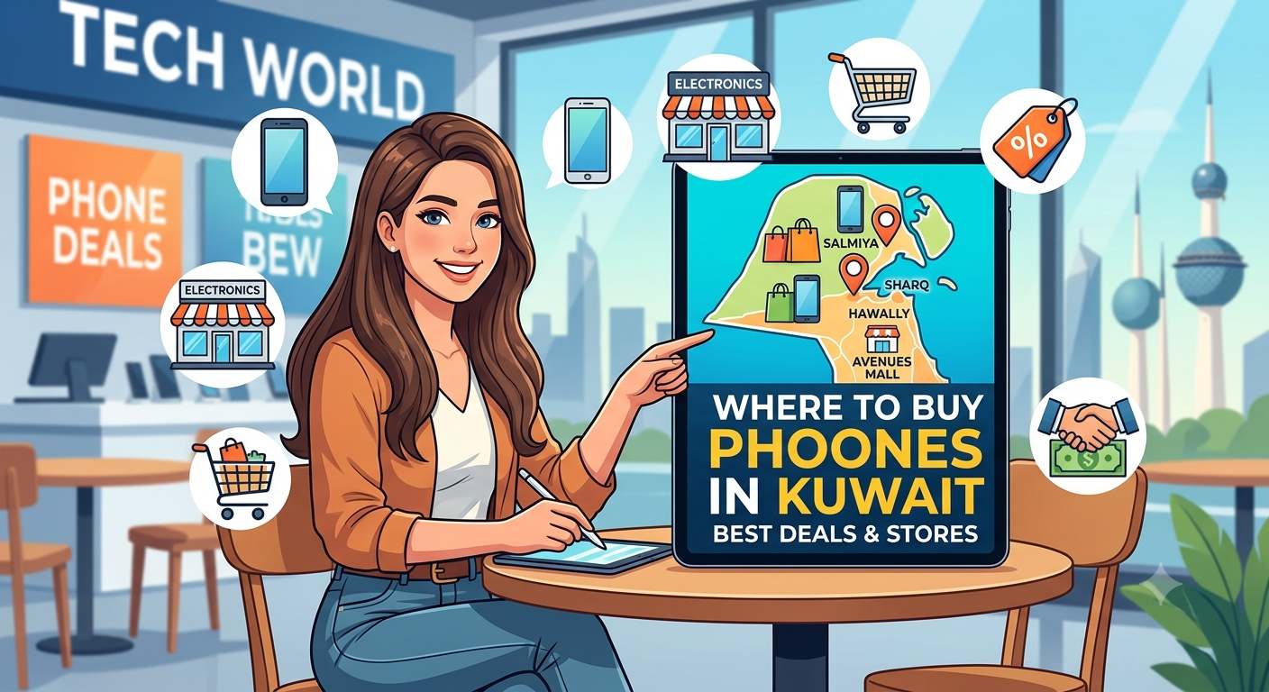 Illustration showing where to buy phones in Kuwait, featuring a shopper, electronics stores, smartphone deals, and a Kuwait map highlighting popular shopping locations