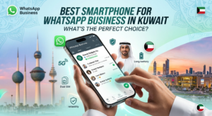 Promotional graphic for the Best Smartphone for WhatsApp Business in Kuwait, featuring a smartphone showing chat logs against a background of the Kuwait Towers and city skyline